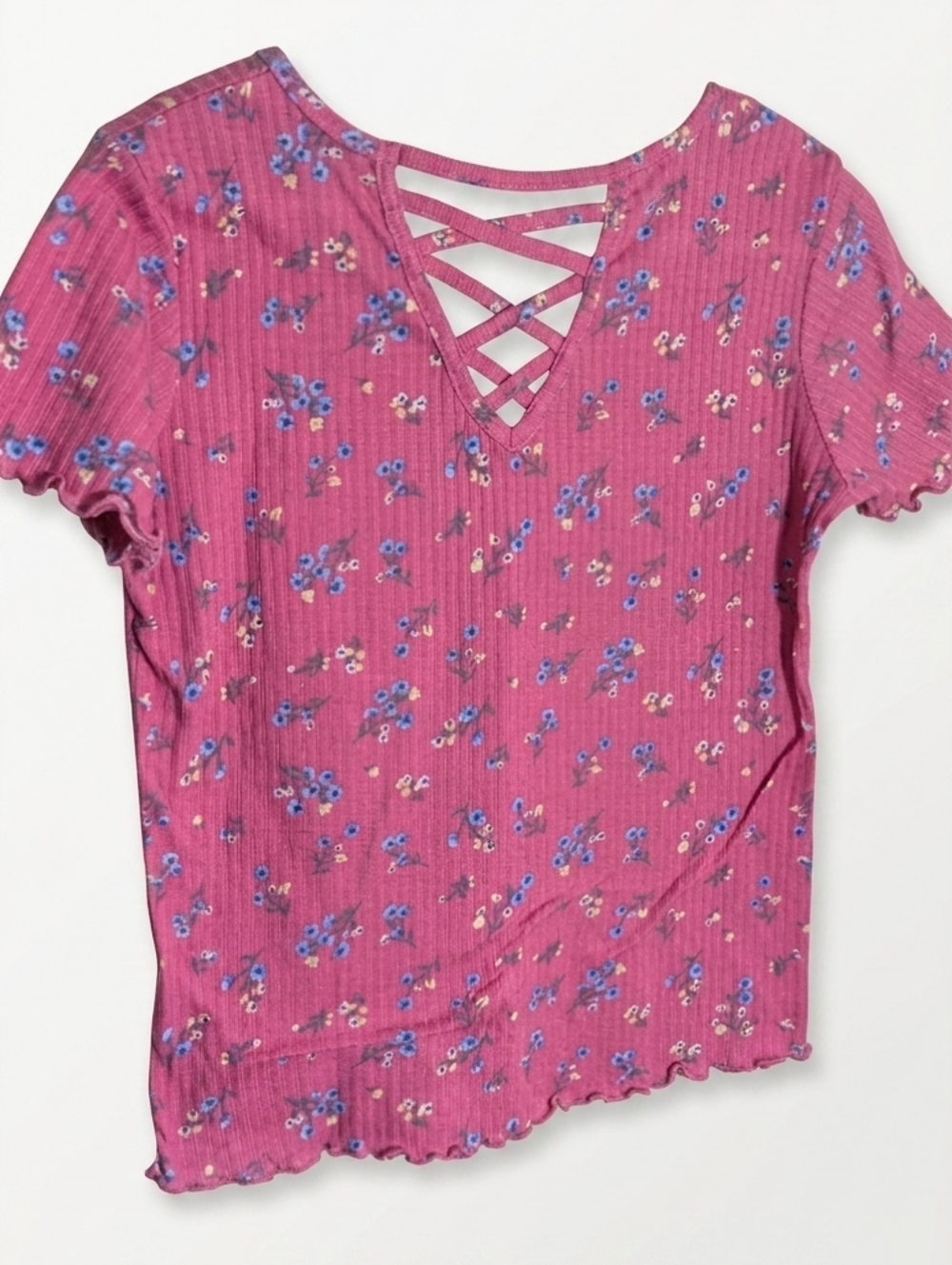 My Style Pink Floral Ribbed Short Sleeve Top - Lattice Criss Cross - Medium